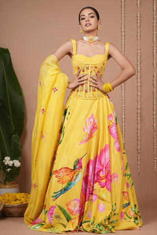 Lehenga set for Indian Wedding – Mustard Floral Corset Heavy by AHI Clothing