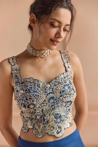 Peplum Jacket Set for Indian Wedding - Blue Off The Record Embroidered Top and Garara Set by Osaa by Adarsh at Mrs. G

