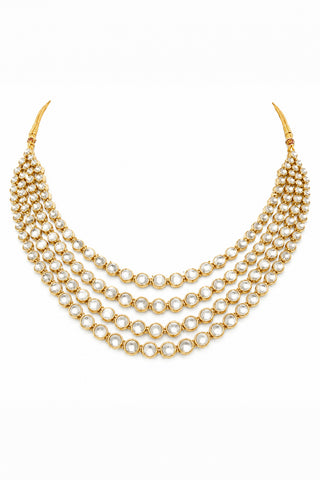 Flat product view of the gold layered kundan groom mala with round stones showing symmetrical gold-plated detailing at Mrs. G