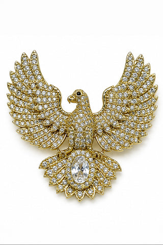 Flat product view of the gold zircon bird brooch showing prominent teardrop center stone at Mrs. G