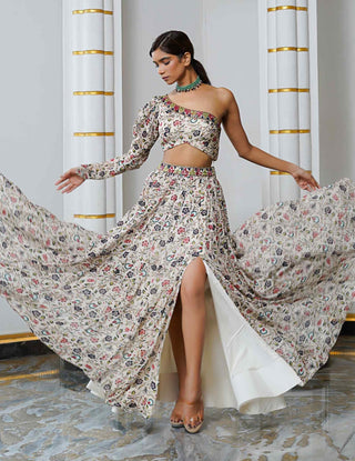Cream floral one shoulder blouse and lehenga
