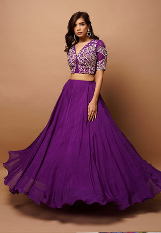 Dark purple organza indo lehenga and blouse
