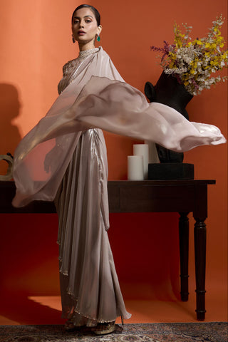 Drape Saree for Special Occasions – Beige Wedding Guest by Babita Malkani