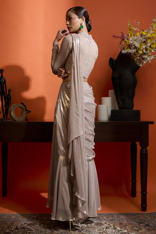 Drape Saree for Special Occasions – Beige Wedding Guest by Babita Malkani