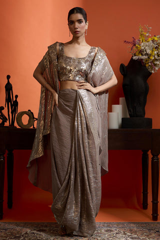 Drape Skirt with Cape for Special Occasions – Gold Wedding Guest by Babita Malkani