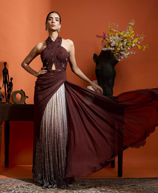 Drape Gown for Special Occasions – Brown Wedding Guest Halter by Babita Malkani