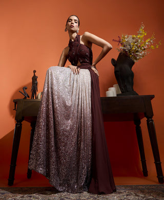 Drape Gown for Special Occasions – Brown Wedding Guest Halter by Babita Malkani