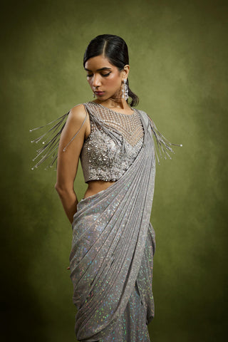 Drape Saree for Cocktail/Sangeet – Silver Cocktail Pre-Draped by Babita Malkani