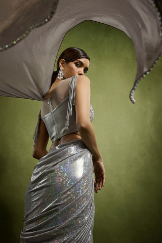 Drape Saree for Cocktail/Sangeet – Silver Cocktail Pre-Draped by Babita Malkani