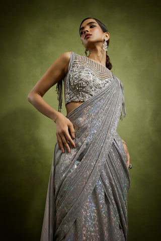 Drape Saree for Cocktail/Sangeet – Silver Cocktail Pre-Draped by Babita Malkani