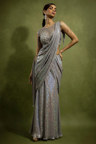 Drape Saree for Cocktail/Sangeet – Silver Cocktail Pre-Draped by Babita Malkani
