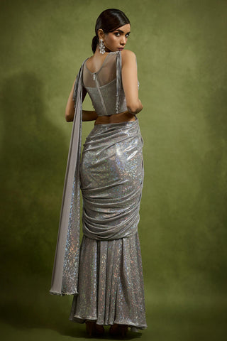 Drape Saree for Cocktail/Sangeet – Silver Cocktail Pre-Draped by Babita Malkani