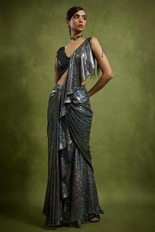 Drape Saree for Wedding Reception – Black Cocktail Stardust Cascade by Babita Malkani