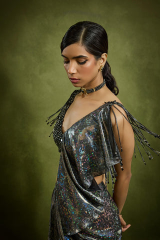 Drape Saree for Wedding Reception – Black Cocktail Stardust Cascade by Babita Malkani