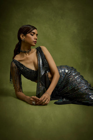 Drape Saree for Wedding Reception – Black Cocktail Stardust Cascade by Babita Malkani