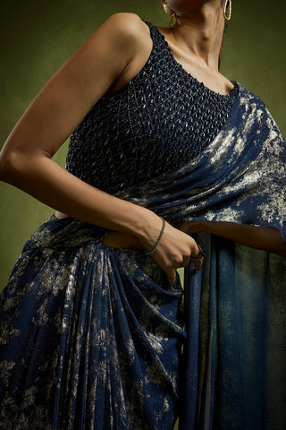 Drape Saree for Cocktail/Sangeet – Blue Cocktail Foiled by Babita Malkani