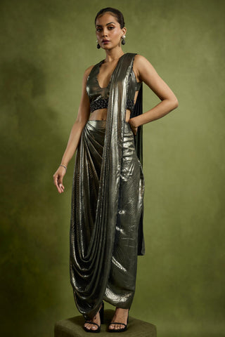Drape Saree for Cocktail/Sangeet – Brown Cocktail Foil by Babita Malkani