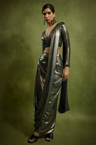 Drape Saree for Cocktail/Sangeet – Brown Cocktail with Full Sleeves Blouse by Babita Malkani