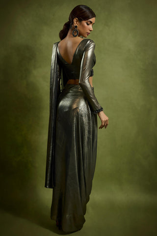 Drape Saree for Cocktail/Sangeet – Brown Cocktail with Full Sleeves Blouse by Babita Malkani