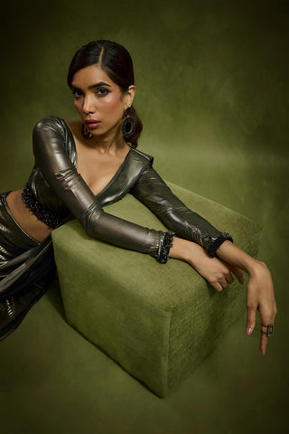 Drape Saree for Cocktail/Sangeet – Brown Cocktail with Full Sleeves Blouse by Babita Malkani