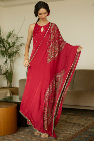 Red maitreyi hand embroidered kurta set