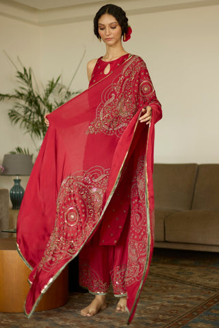 Red maitreyi hand embroidered kurta set