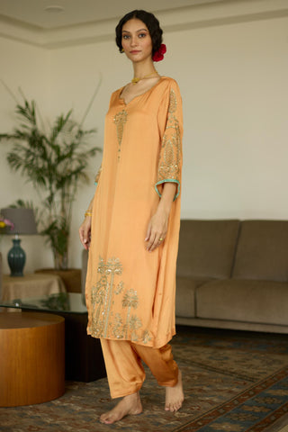 Orange palm hand embroidered kurta set
