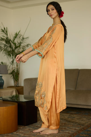 Orange palm hand embroidered kurta set