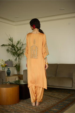 Orange palm hand embroidered kurta set