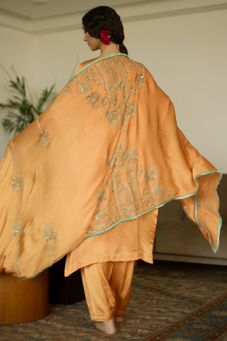 Orange palm hand embroidered kurta set