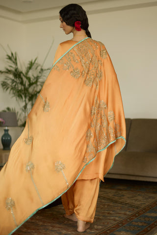 Orange palm hand embroidered kurta set