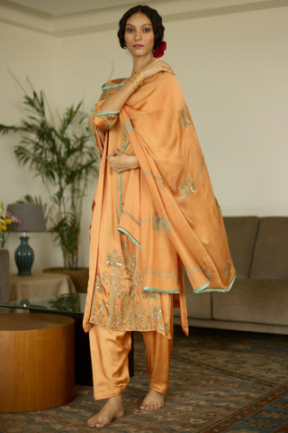 Orange palm hand embroidered kurta set