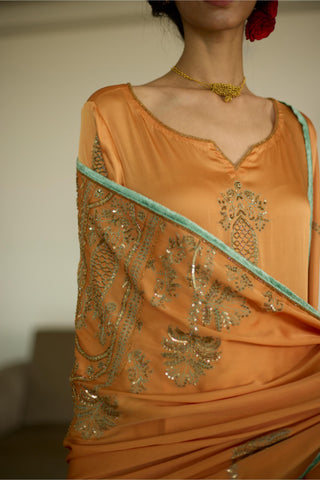 Orange palm hand embroidered kurta set