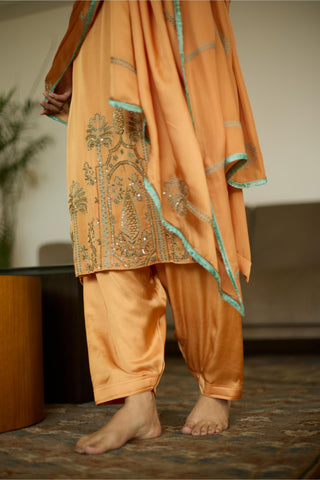 Orange palm hand embroidered kurta set