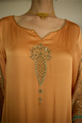 Orange palm hand embroidered kurta set