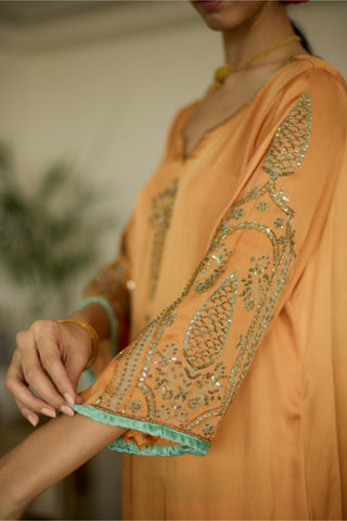 Orange palm hand embroidered kurta set