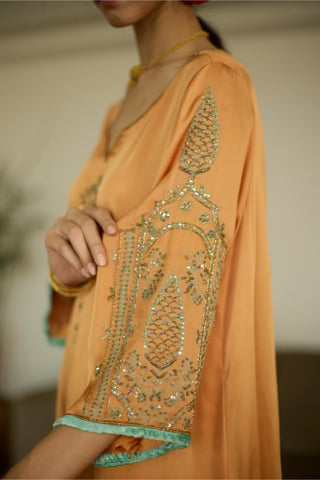 Orange palm hand embroidered kurta set