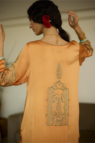 Orange palm hand embroidered kurta set
