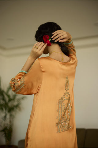 Orange palm hand embroidered kurta set