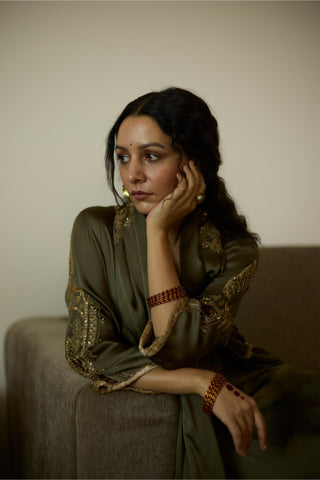 Green palm hand embroidered kurta set