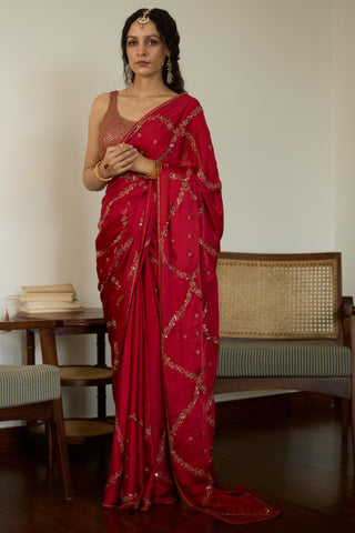 Red maitreyi hand embroidered saree