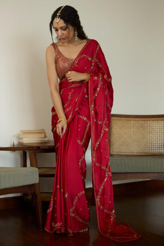 Red maitreyi hand embroidered saree