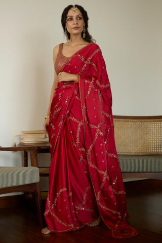 Red maitreyi hand embroidered saree