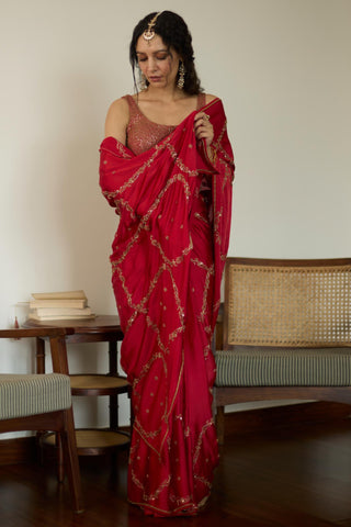 Red maitreyi hand embroidered saree