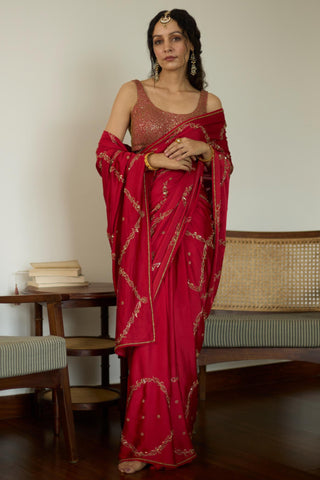 Red maitreyi hand embroidered saree