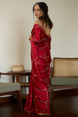 Red maitreyi hand embroidered saree
