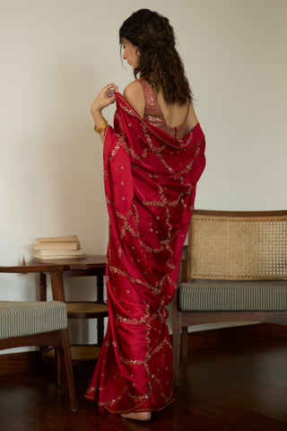 Red maitreyi hand embroidered saree