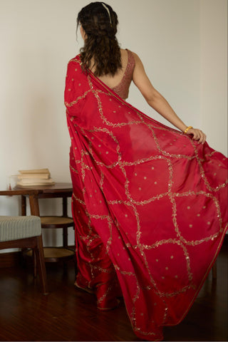 Red maitreyi hand embroidered saree