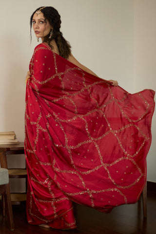 Red maitreyi hand embroidered saree