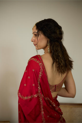 Red maitreyi hand embroidered saree